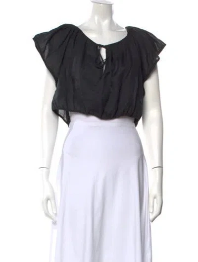 Pre-owned Doen Tie Neck Short Sleeve Crop Top In Black