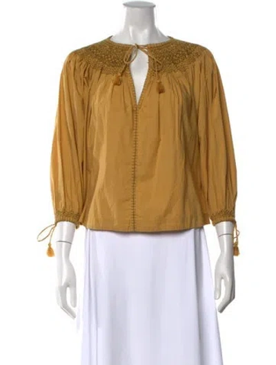 Pre-owned Doen Tie Neck Three-quarter Sleeve Blouse In Yellow