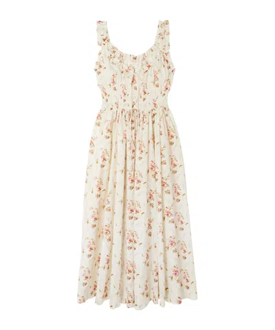 Doen Emmaretta Tie-detailed Shirred Floral-print Organic Cotton Midi Dress In White