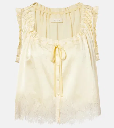 Doen Dôen Toulouse Lace-trimmed Embroidered Silk Top In Yellow