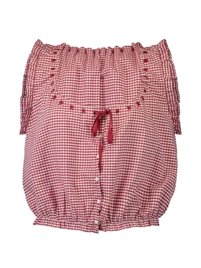 Doen Traveler Gathered Checked Organic Cotton Blouse In Pink