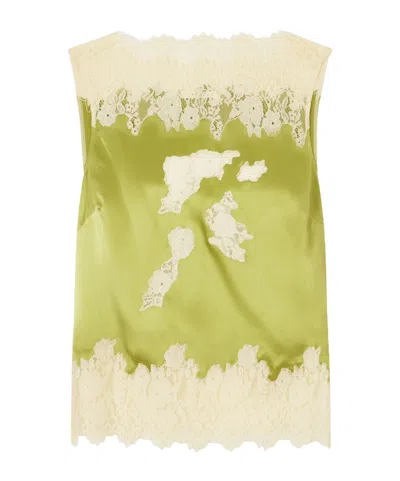 Doen Viviane Lace-trimmed Silk-satin Top In Green