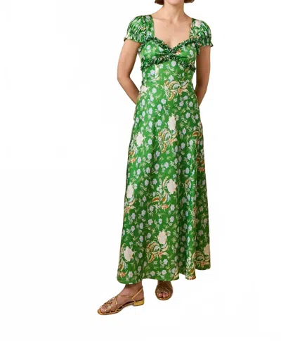 Doen Valerine Floral-print Ruffled Silk Maxi Dress In Green