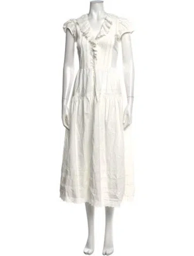 Pre-owned Doen V-neck Long Dress In White