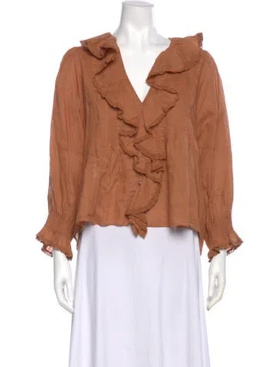 Pre-owned Doen V-neck Long Sleeve Blouse In Brown
