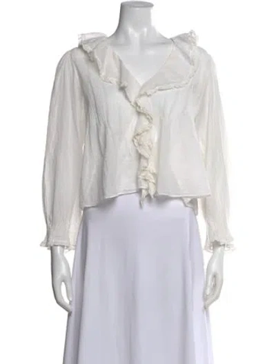 Pre-owned Doen V-neck Long Sleeve Blouse In White