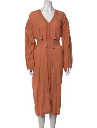 Pre-owned Doen V-neck Midi Length Dress In Orange