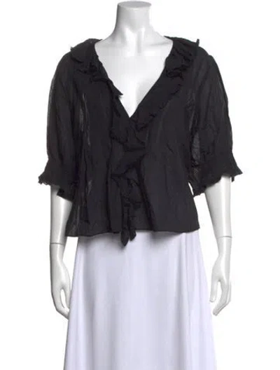 Pre-owned Doen V-neck Short Sleeve Blouse In Black