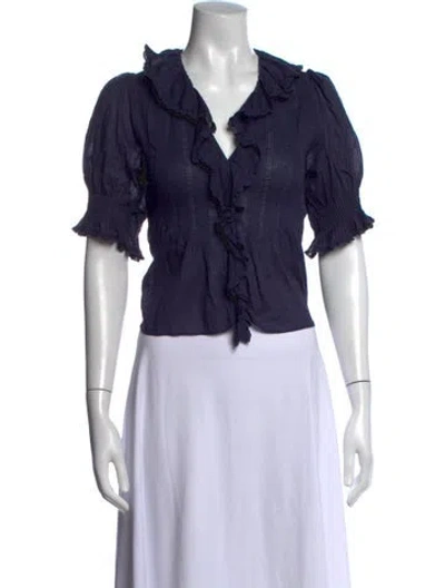 Pre-owned Doen V-neck Short Sleeve Blouse In Blue