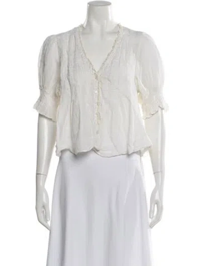Pre-owned Doen V-neck Short Sleeve Blouse In White