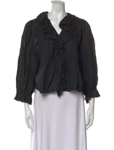 Pre-owned Doen V-neck Three-quarter Sleeve Blouse In Black