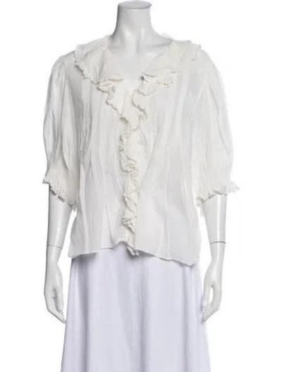 Pre-owned Doen V-neck Three-quarter Sleeve Blouse In White