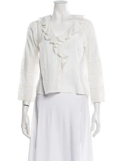 Pre-owned Doen V-neck Three-quarter Sleeve Blouse In White
