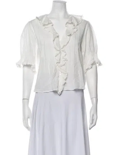 Pre-owned Doen V-neck Three-quarter Sleeve Blouse In White