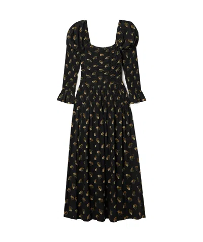 Doen Wilmina Shirred Floral-print Cotton-blend Maxi Dress In Black