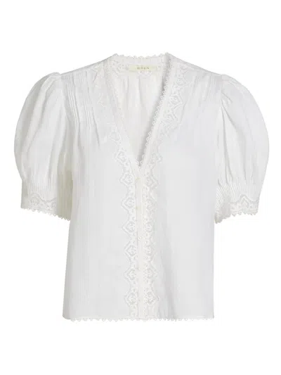 Doen Women's Brigetta Eyelet-trim Linen Puff Sleeve Top In White