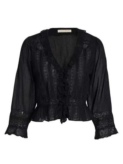 Doen Women's Eldoris Lace-trim Cotton V-neck Blouse In Black