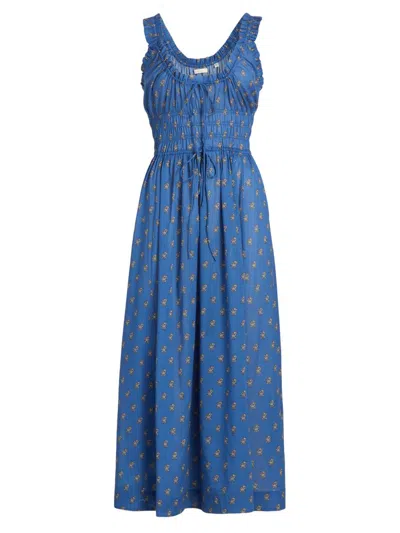 Doen Emmaretta Shirred Floral-print Cotton Midi Dress In Blue