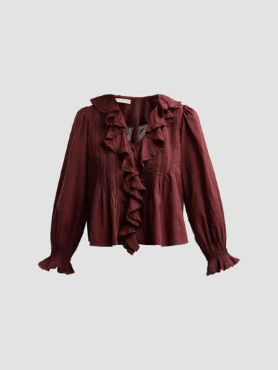 Doen Women's Hardy Pintuck Cotton Ruffle V-neck Blouse In Dahlia