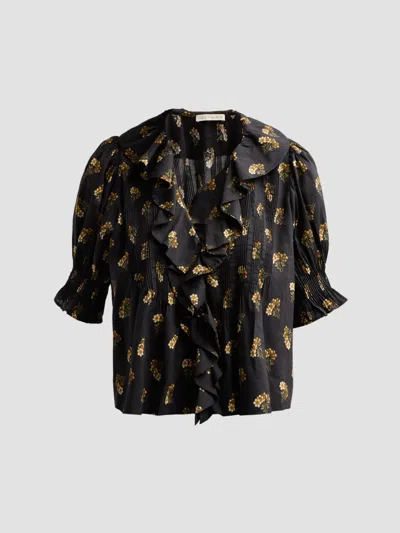 Doen Henri Ruffled Pintucked Floral-print Organic Cotton-blend Voile Top In Black