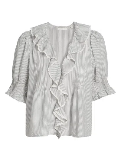 Doen Henri Lace-trimmed Ruffled Pintucked Striped Organic Cotton-voile Top In White
