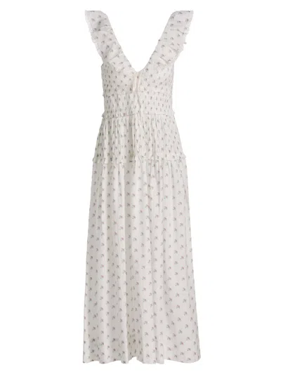 Doen Sorina Tiered Embroidered Floral-print Organic Cotton Midi Dress In Black
