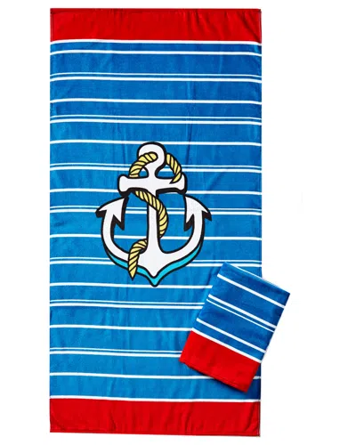 Dohler Set Of 2 Anchors & Stripes Beach Towels In Blue