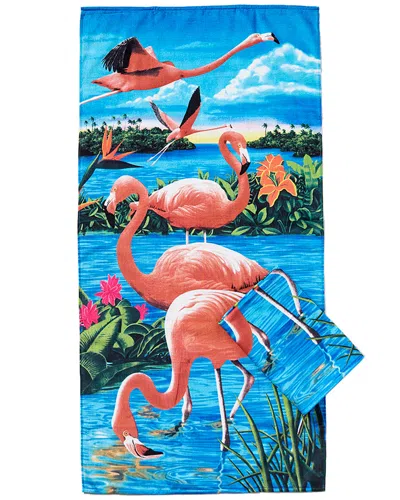 Dohler Set Of 2 Flamingos & Lake Beach Towels In Blue