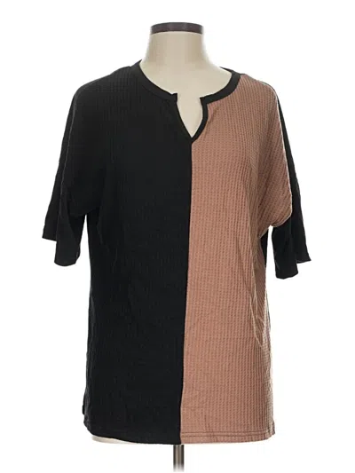 Pre-owned Dokotoo Short Sleeve Top Brown Color Block Pattern V-neck Tops