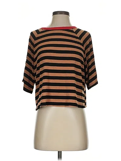 Pre-owned Dokotoo Short Sleeve Top Brown Stripes Pattern Boatneck Tops