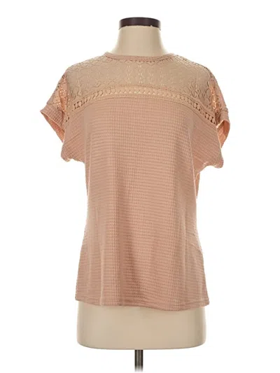 Pre-owned Dokotoo Short Sleeve Top Tan Mock Neckline Tops In Brown