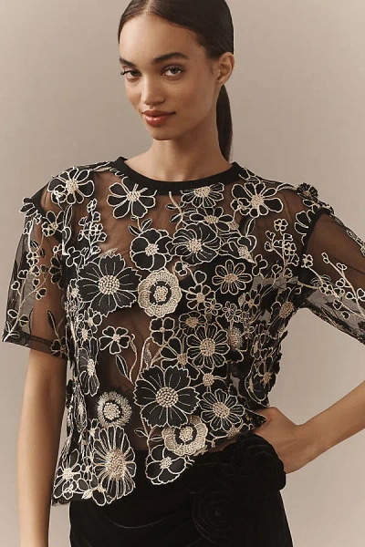 Dolan Left Coast Flower Appliqué Sheer Tee In Gold