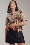 Dolan Left Coast Flower Appliqué Sheer Tee In Blue