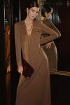 Dolan Left Coast Long-sleeve Plunge Knit Maxi Dress In Brown