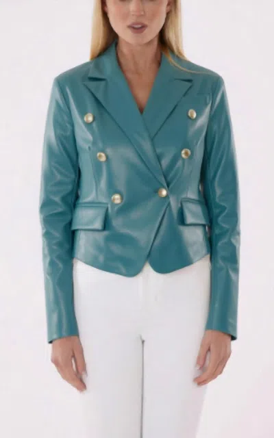 Dolce Cabo Cropped Faux Leather Double Breasted Blazer In Aqua In Blue