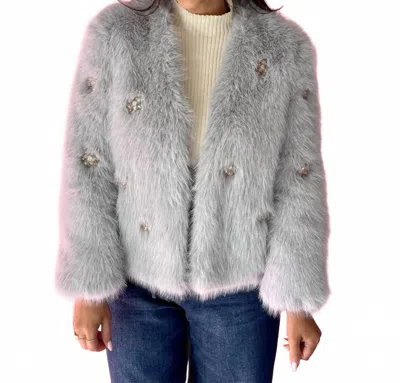 Dolce Cabo Embellished Rhinestone Flower Faux Fur Jacket In Grey In Gray