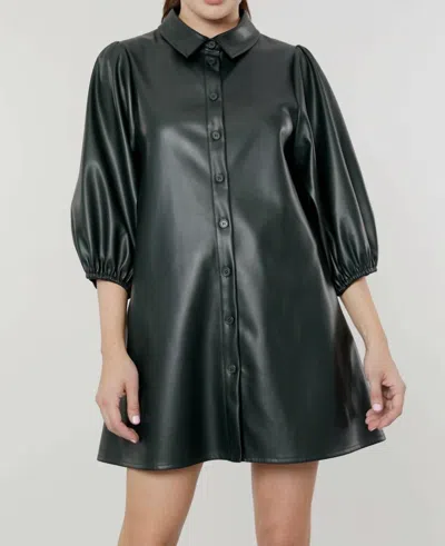 Dolce Cabo Everywhere Leather Dress With Puff Sleeves In Green In Black