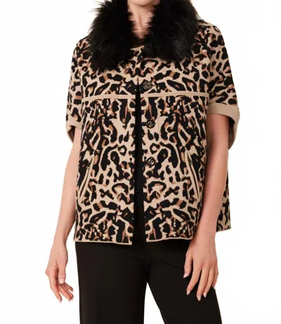 Dolce Cabo Faux Fur Collar Short Sleeve Cardigan In Black/leopard In Multi