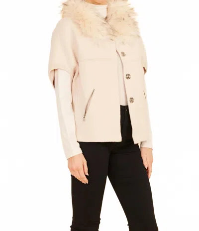 Dolce Cabo Faux Fur Collar Short Sleeve Cardigan In White (black Tips) In Multi