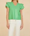 DOLCE CABO FAUX LEATHER FLUTTER SLEEVE BLOUSE IN KELLY GREEN