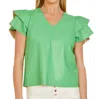 Dolce Cabo Faux Leather Flutter Sleeve Blouse In Kelly Green In Green