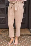 Dolce Cabo Faux Suede Paper Bag Waist Pant With Tie In Camel In Multi