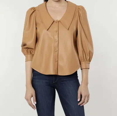 Dolce Cabo Hollie Faux Leather Blouse With Puff Sleeves In Amber In Brown