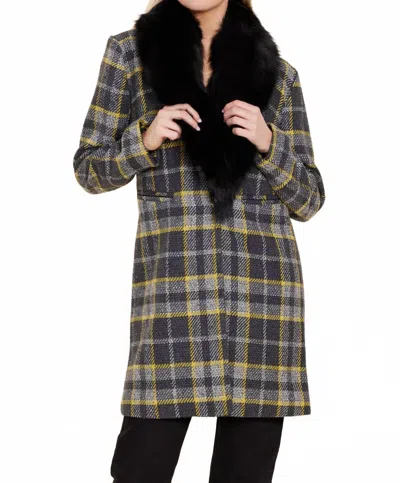 Dolce Cabo Long Plaid Coat With Detachable Fur Collar In Yellow/grey In Black