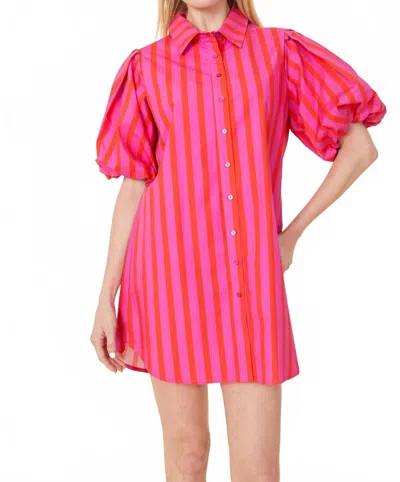 Dolce Cabo Puff Sleeve Stripe Tunic Dress In Pink/red In Multi