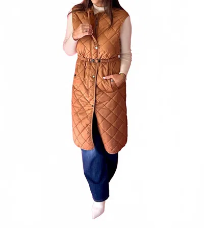Dolce Cabo Quilted Long Vest In Brown