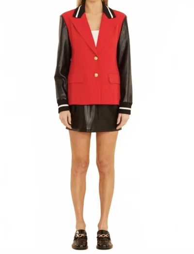 Dolce Cabo Racer Stripe Vegan Leather Sleeve Blazer In Red