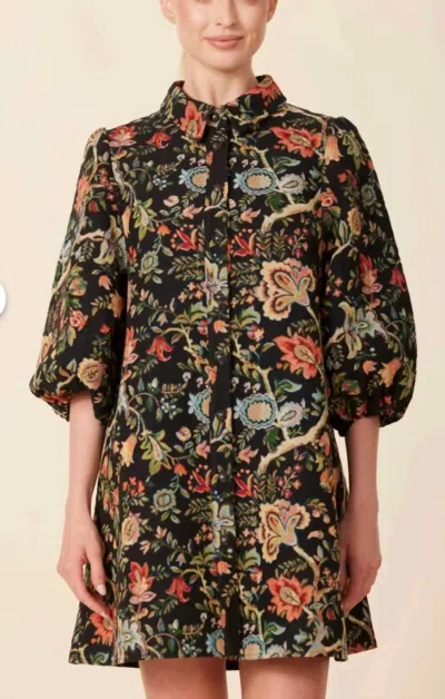 Dolce Cabo Tapestry Sleeve Dress In Black/ Floral In Brown