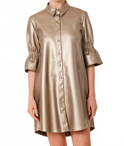 Dolce Cabo Vegan Leather Metallic Ruffle Sleeve Dress In Antique Gold In Green