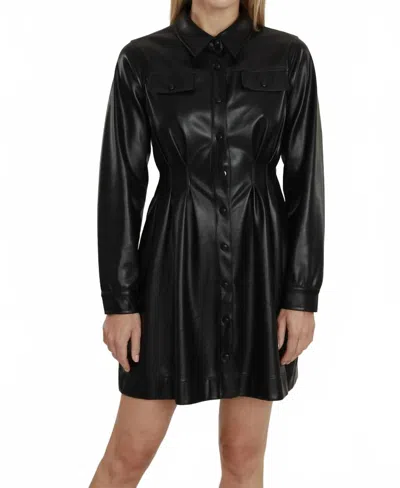 Dolce Cabo Vegan Leather Puff Shoulder Belted Dress In Black